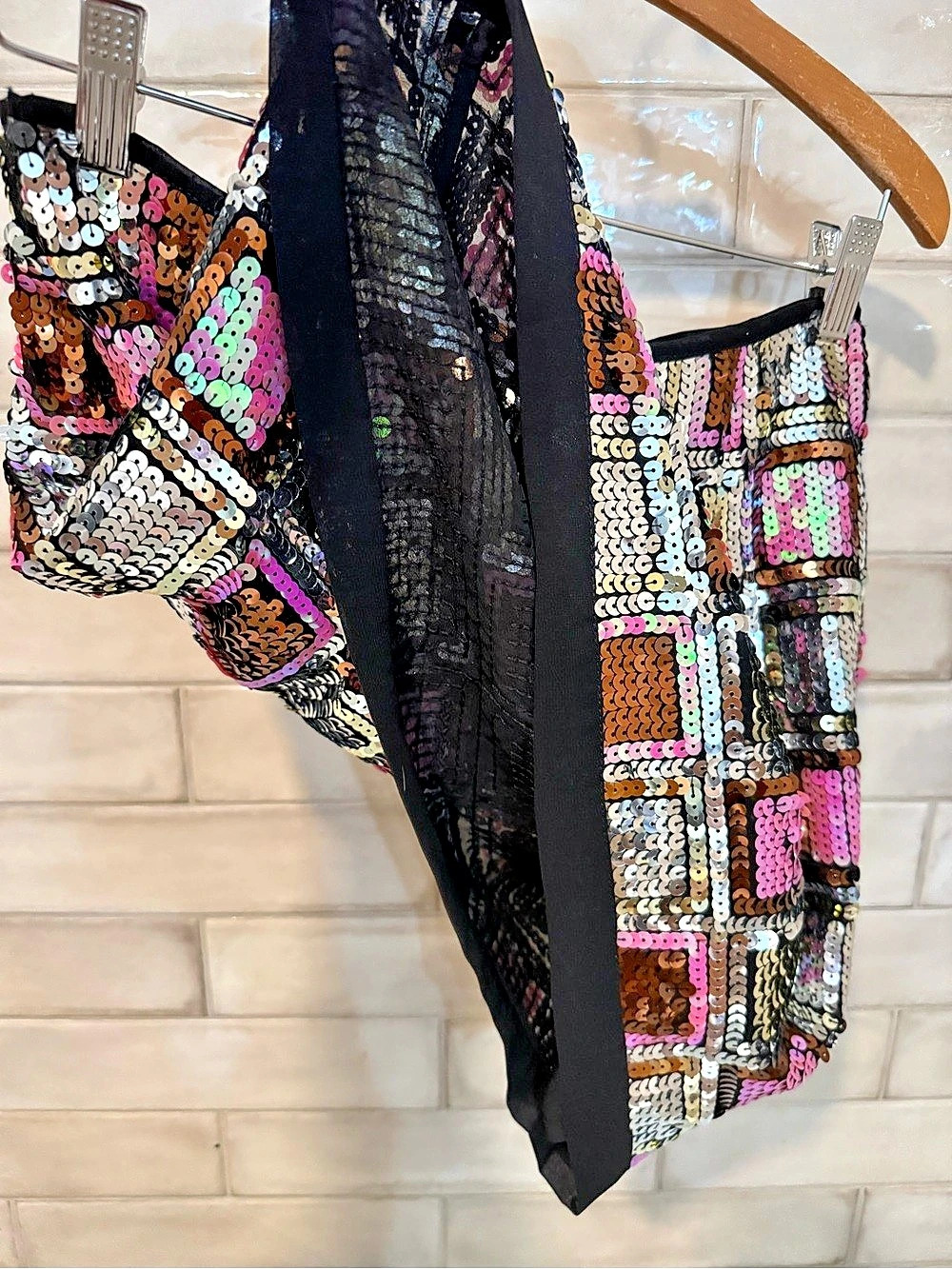 NWT CIEBON Sequin Mini Skirt Silver Pink bronze geometric lined Anthropologie M - Picture 11 of 15